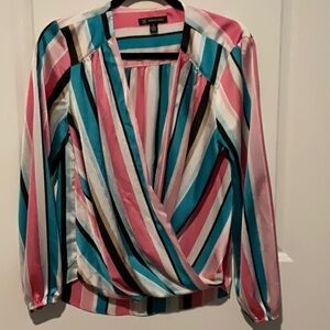 INC International Concepts Green and Pink Wrap Blouse Long Sleeve